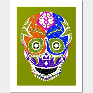 skeleton smile in mexican pattern in green Posters and Art